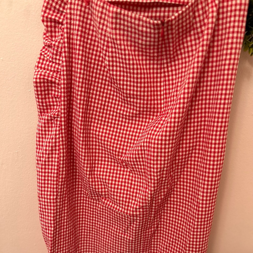 Zara Red Gingham MIdi Pencil skirt side slit with ruching NWT